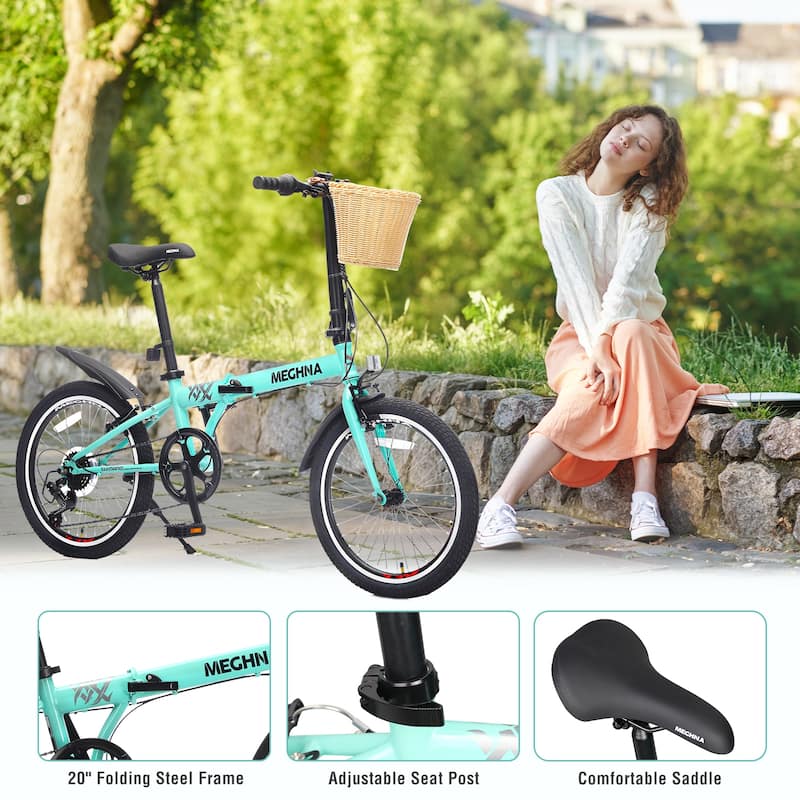 20 Inch Folding Bike for Adults with Basket,Phone Holder & Fenders,Steel Frame 6-Speed City Commuter, Dual V-Brake Portable