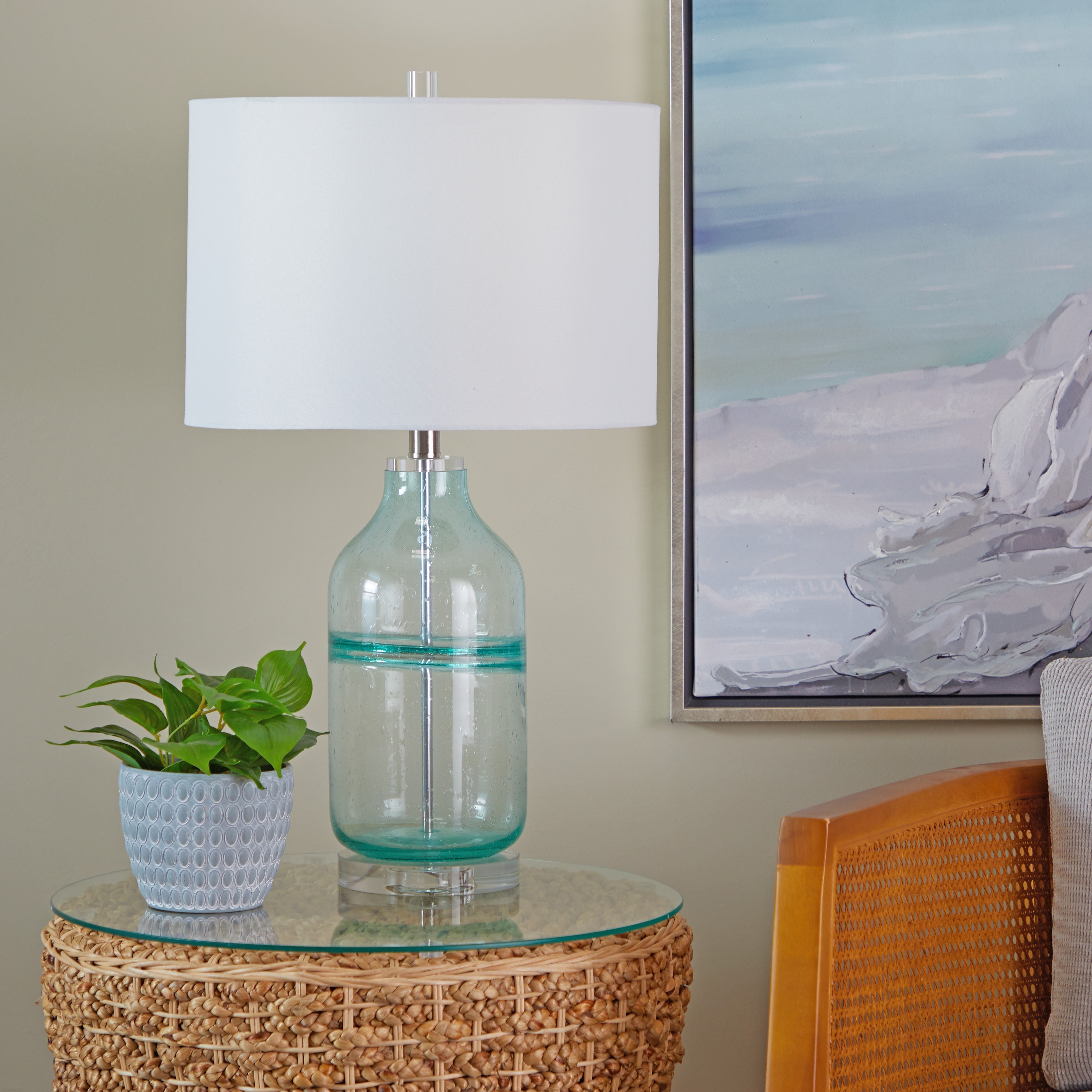 Modern Glass Textured Table Lamp with Drum Shade (Set of 2) - Gray or Teal