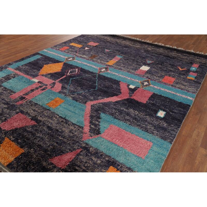 Geometric Plush Moroccan Area Rug Handmade Tribal Wool Carpet - 8'0" x 10'5"