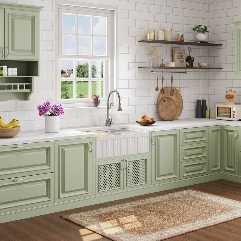 HOROW 33 in. Farmhouse/Apron-Front 50/50 Double Bowl White Fireclay Kitchen Sink with Workstation,Cutting Board,Grid, Strainer