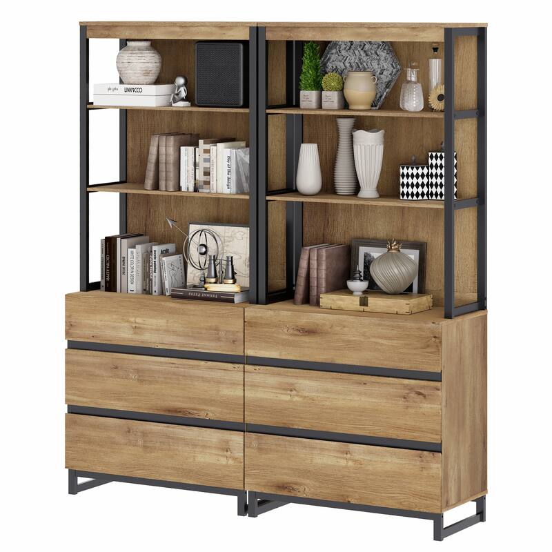 WAMPAT Modern 72" Tall Bookcase with Drawers and Open Book Shelfs, Library Book Shelf for Home Office, Living Room