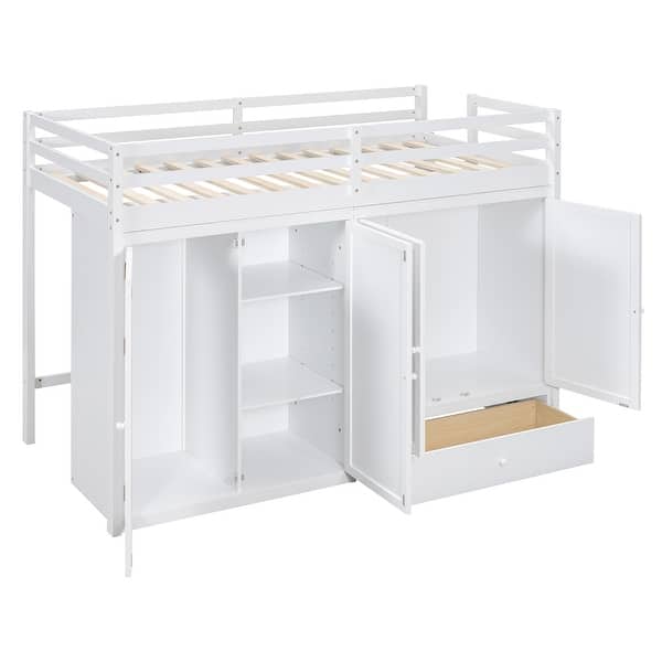 slide 2 of 12, Twin Size Loft Bed with Drawer, 2 Wardrobes & Mirror, Versatility Solid Wood Bed Frame w/Guardrails for Kids Teens Adults White White - Twin