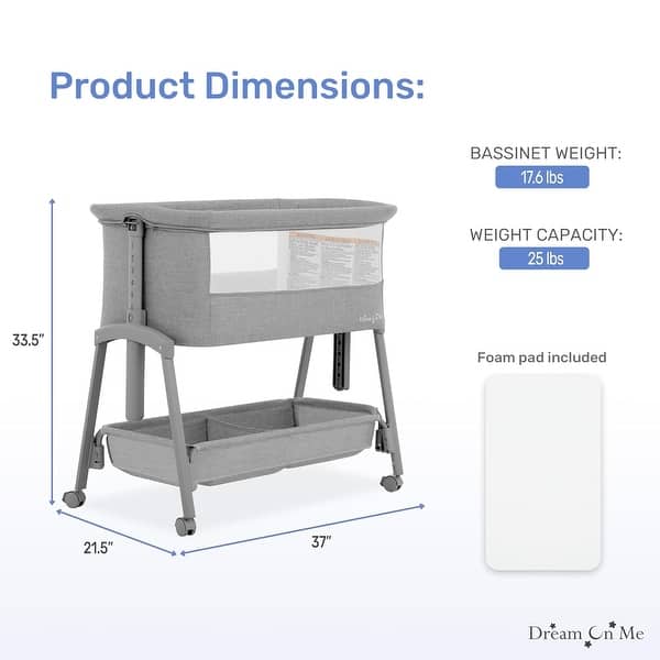 dimension image slide 0 of 2, Dream On Me Calypso Portable Bassinet with Wheels
