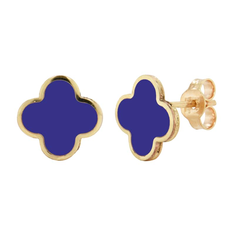 Italian Gold 14K Yellow Gold Medium Clover Stud Earrings - Made in Italy - Clover Size 10mm - Lapis