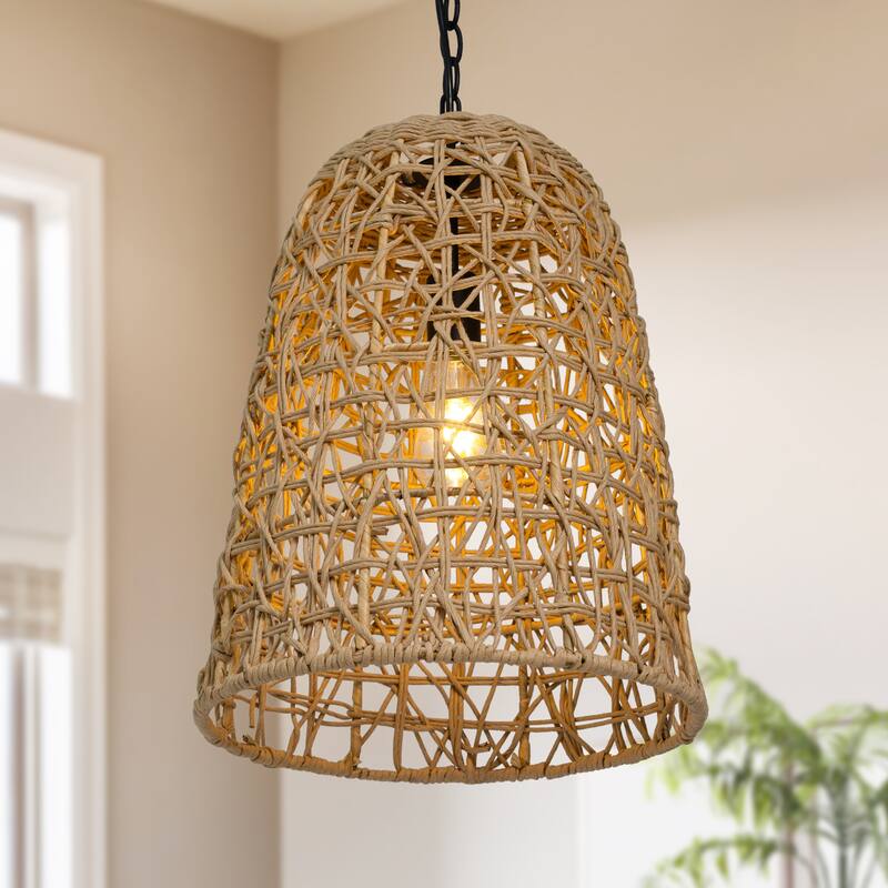 Ravy Modern Farmhouse 1-Light Large Rattan Pendant Handwoven Dome Kitchen Island Lights - D 13.8" x H 19.7"