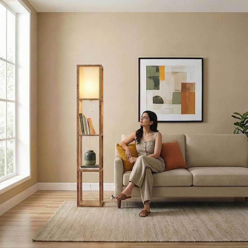 Golden Grace Long Arm Brass Floor Lamp - Beige