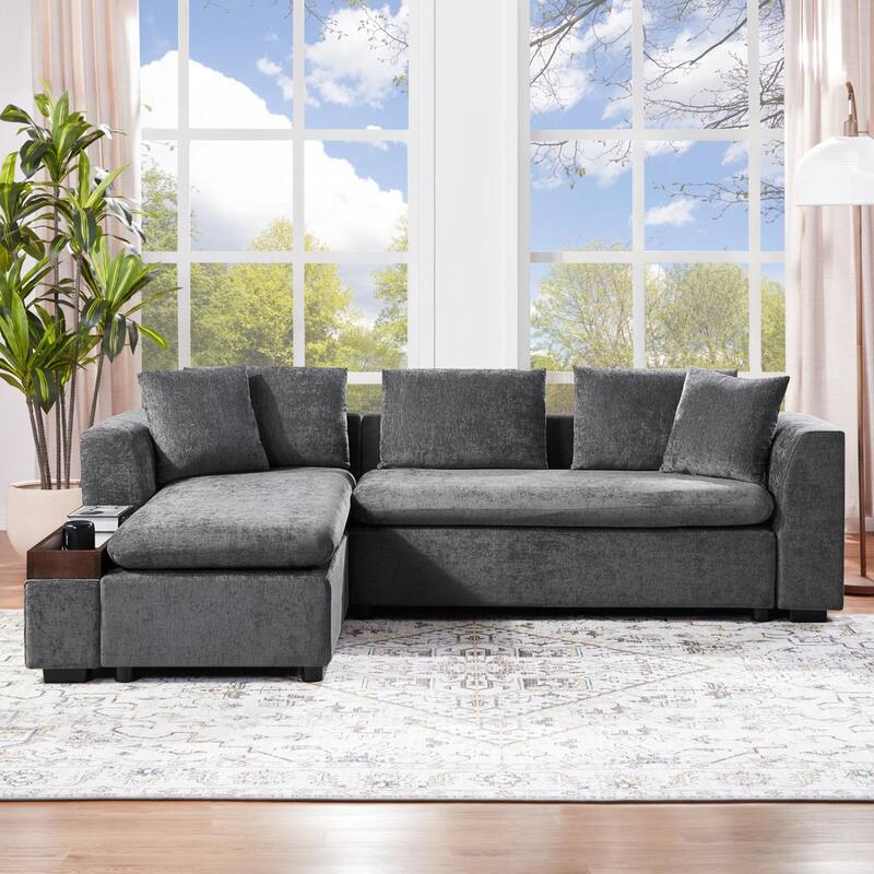 L-Shaped Sectional Sofa with Chaise Lounge, Chenille Upholstered Sleeper Couch with Wooden Storage Compartment & Throw Pillows