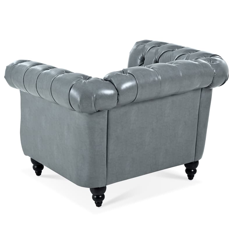 Single Person PU Sofa with Standard Sofa Backrest, Rolled Arm Armrests, Silver Studs, and Solid Wood Legs