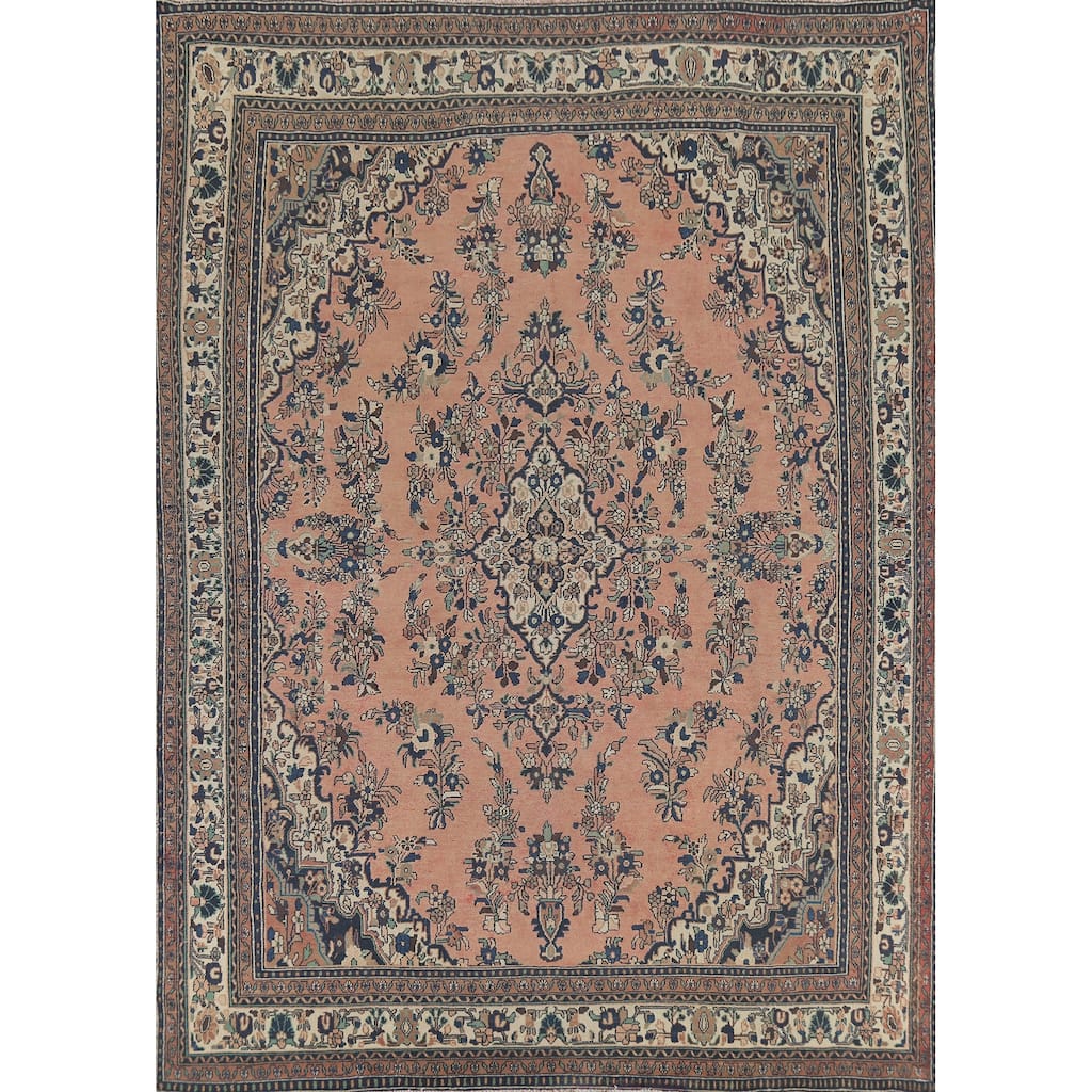 Light Pink Floral Hamedan Persian Vintage Rug Handmade Wool Carpet - 10'4"x 12'11"