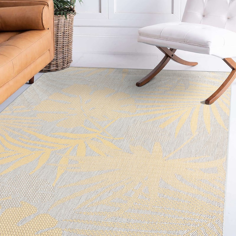 Contemporary Tropical Leaves Indoor/Outdoor Flatweave Waterproof Backyard Patio Area Rug