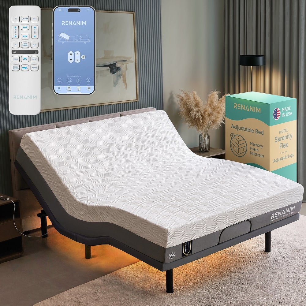 Renanim Zero Gravity Adjustable Bed Frame with 12" Memory Foam Mattress, Dual Massage, USB, Under Bed Light, Remote, App Control