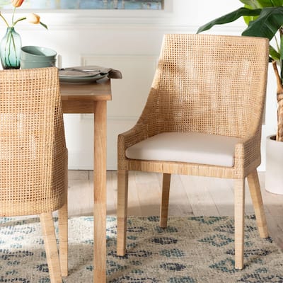 Beata Natural Rattan Dining Chair - Handcrafted Wingback Accent Chair with Removable Cushion, Coastal Boho Seating