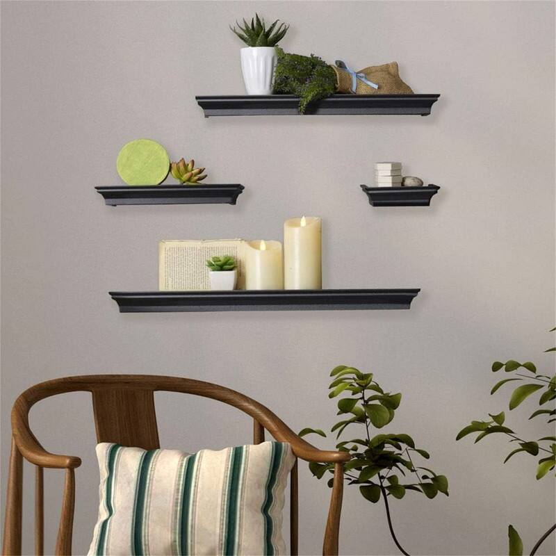 Floating Wall Shelves for Bedroom Set of 4, White, 4 Count - 4.33"D x 24.61"W x 5.12"H - Black