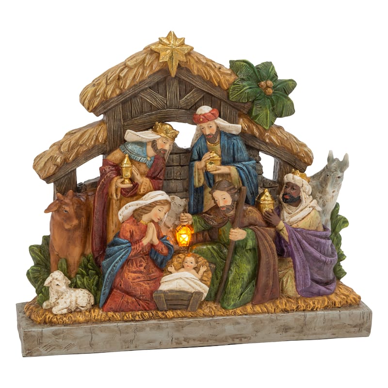 17.7 in Lighted Resin Nativity Stable with Figurines - N/A