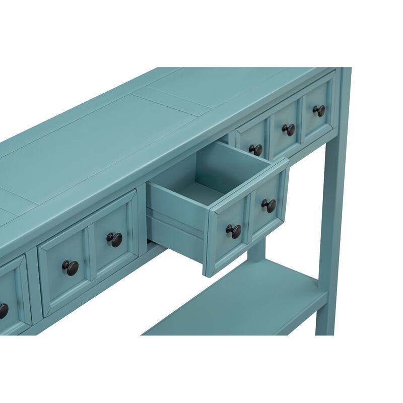 Entryway Console Table 60" Long Solid Wood Sofa Table Accent Tables with 4 Storage Drawers and Bottom Shelf for Living Room