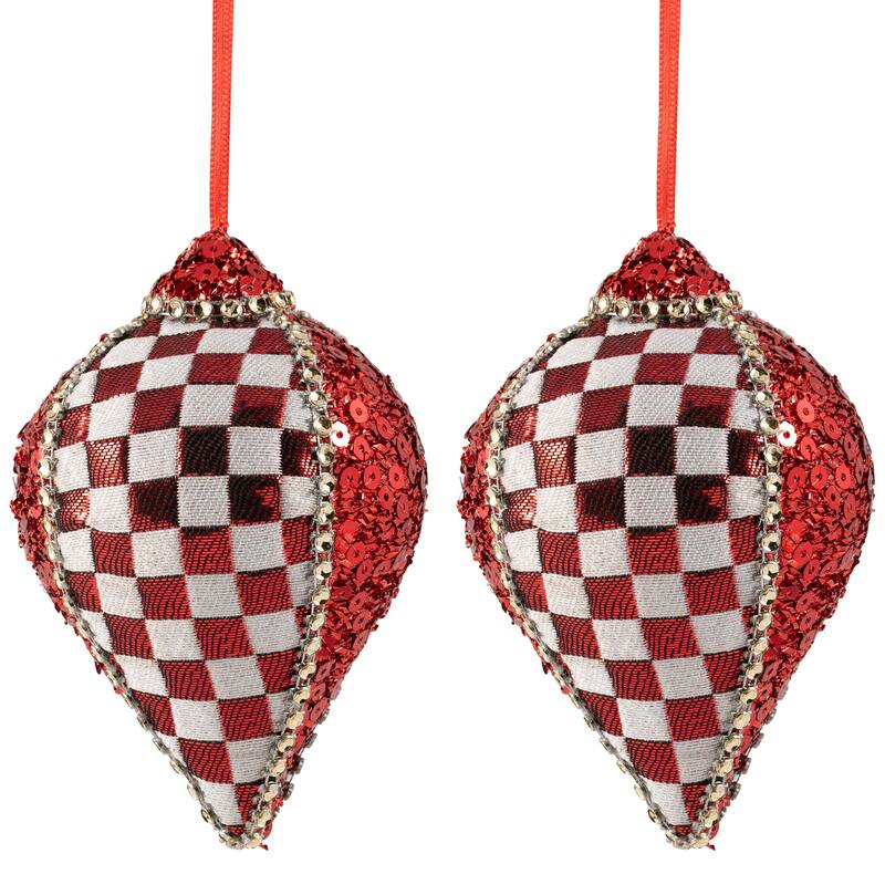 Sequined and Checkered Teardrop Christmas Ornaments - 4.75" - Red - Set of 2