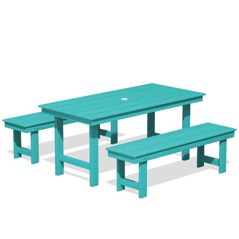 3-Piece HDPE Outdoor Dining Set with Umbrella Hole Table and Two 2-Person Benches