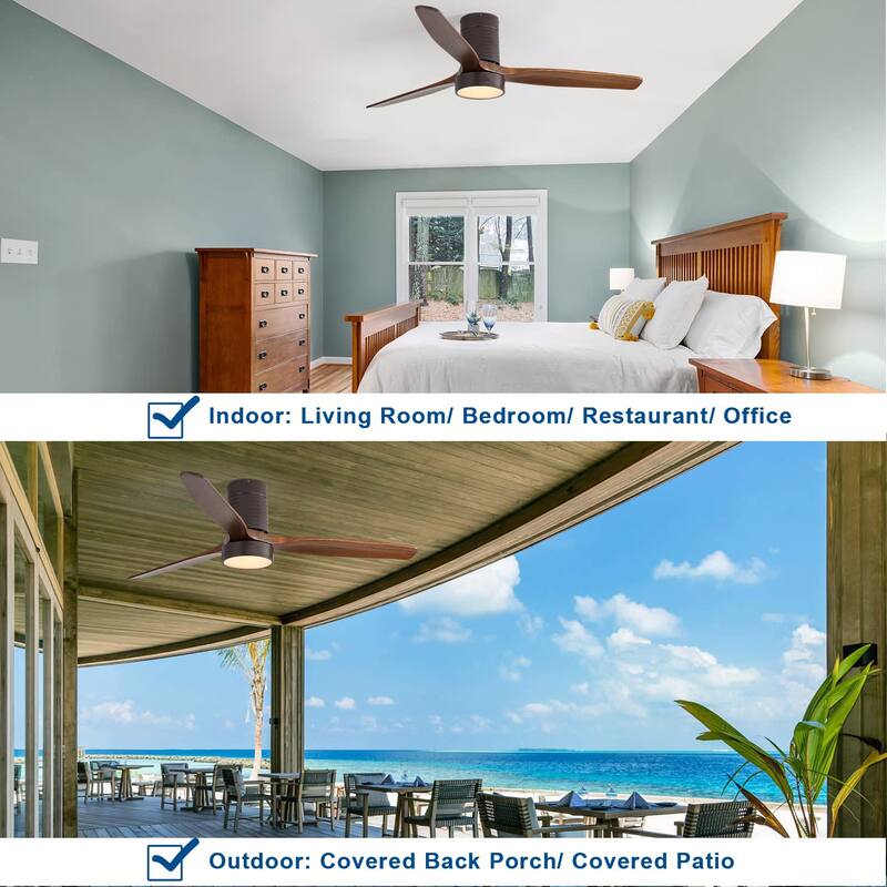 52 Inch Flush Mount Ceiling Fan with LED Light and Remote Control, 3 Solid Wood Blades Fan