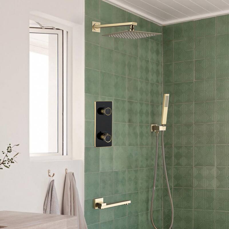 9.84" Thermostatic Complete Shower System with Rough in-Valve, Rain Mixer Shower Combo Set with Handheld - With tub spout - Brushed Gold
