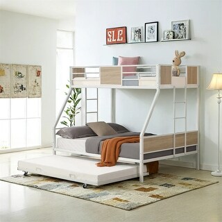 Twin Over FULL Metal Bunk Bed with Trundle 2-Side Ladder and Guardrail