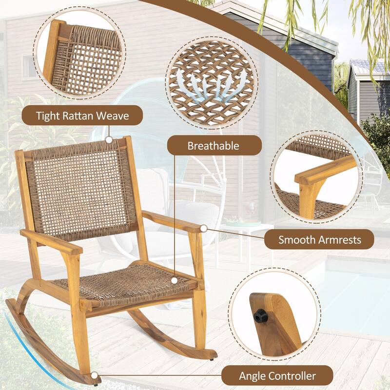 Outdoor Rocking Chair Set - 2 Acacia Wood Rockers with Wicker Rattan Seat & Backrest