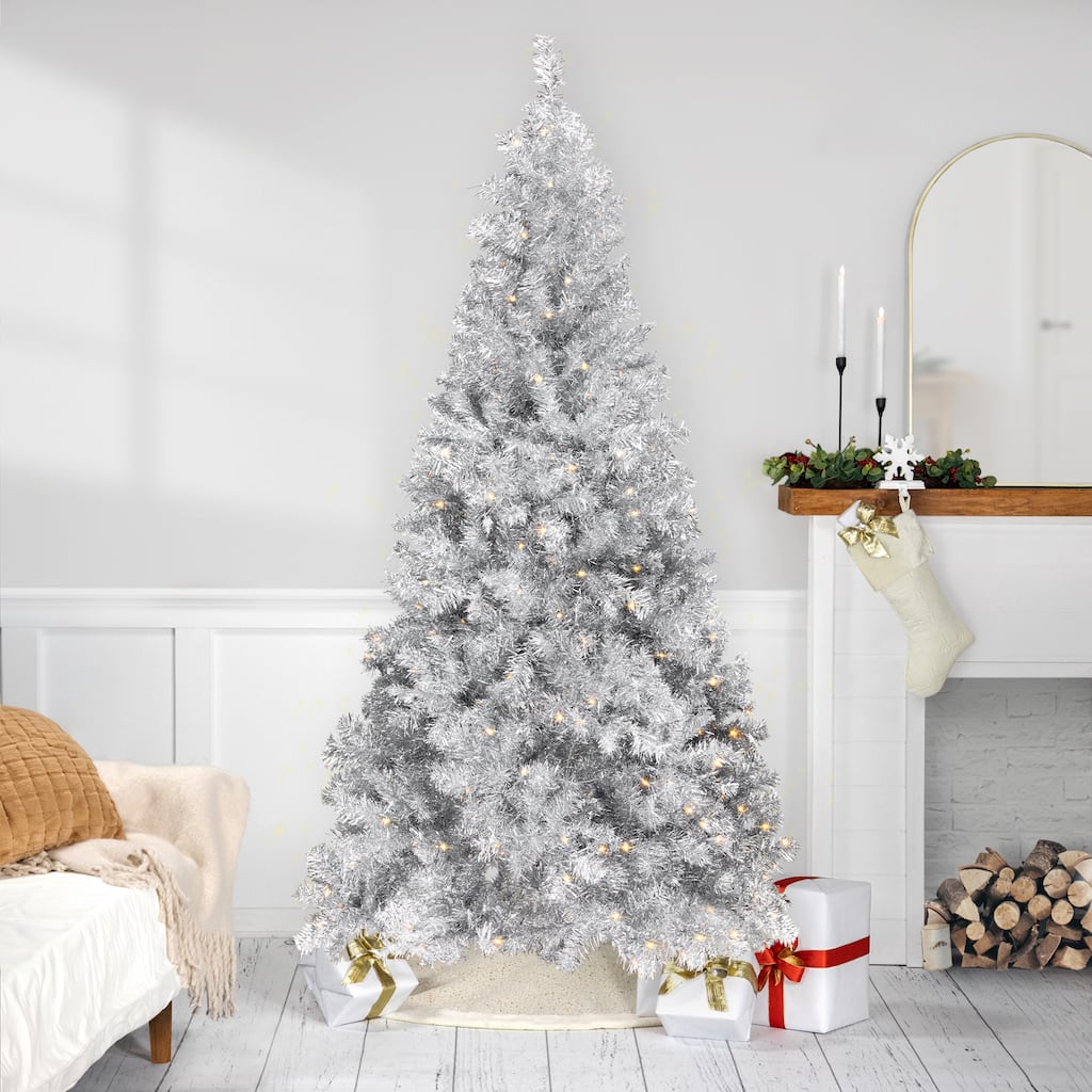 Pre-Lit Artificial Tinsel Christmas Tree - 9' - Silver - Clear Lights - 9 Foot