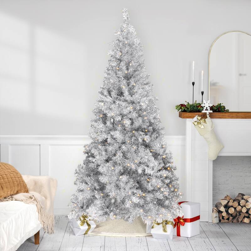Pre-Lit Artificial Tinsel Christmas Tree - Silver - 7' - Clear Lights - 7 Foot