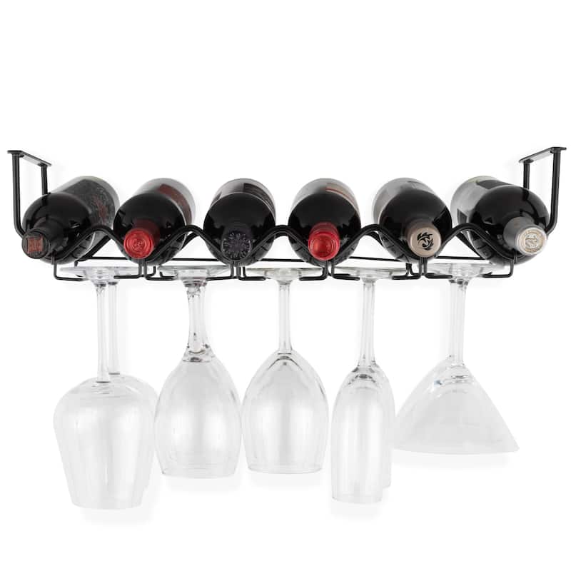 Metal Wine Glass Holder & Wine Bottle Rack for Kitchen and Bar Decor, Black