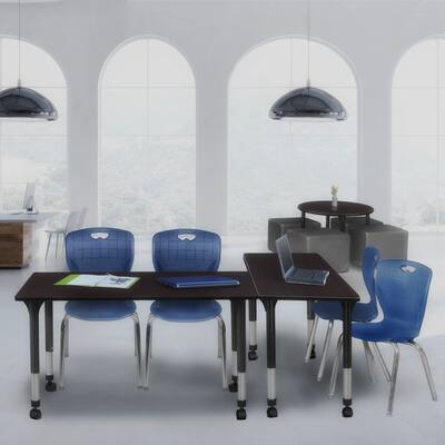 Kee 60" x 30" Height Adjustable Mobile Classroom Table - Mocha Walnut & 2 Andy 18-in Stack Chairs- Black