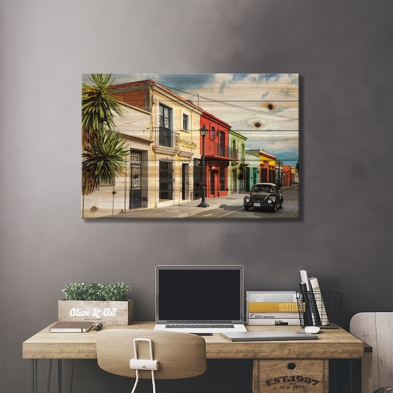 Colorful Facades And Black VW Beetle Car Print On Wood by Philippe Hugonnard - Multi-Color
