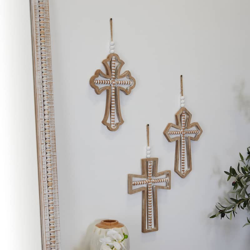 Light Brown Wood Carved Beaded Crosses Cross Home Wall Decor with Rope Hanger (Set of 3) - Light Brown