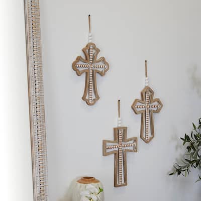 Light Brown Wood Carved Beaded Crosses Cross Home Wall Decor with Rope Hanger (Set of 3)