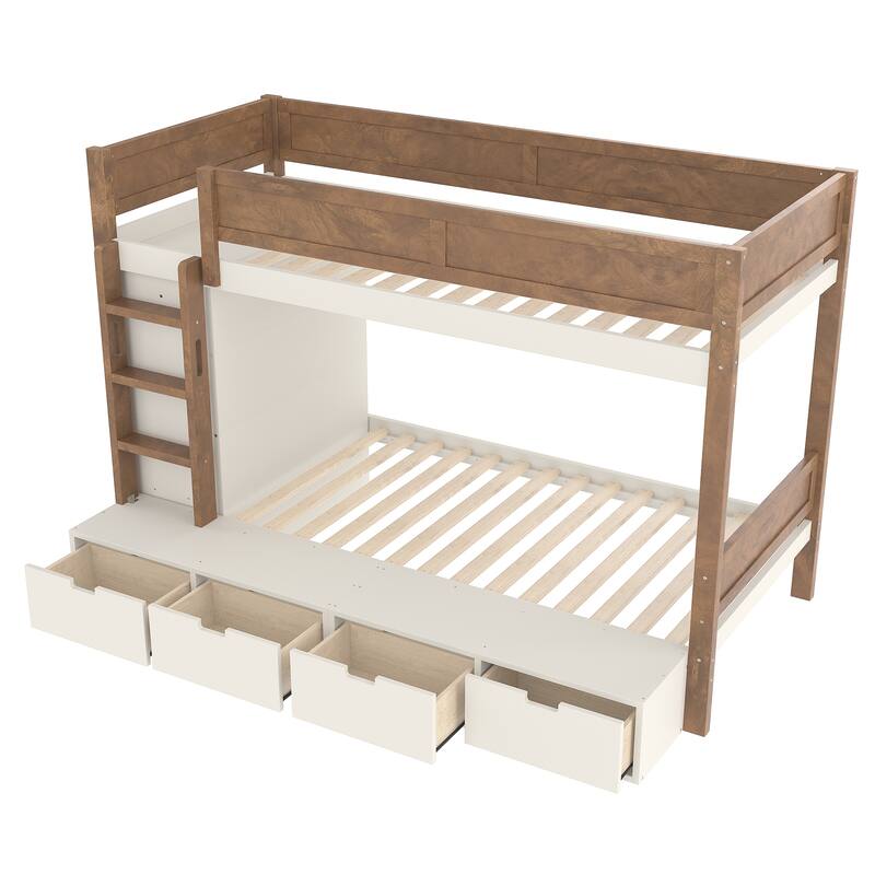 Twin Over Twin/Twin XL Over Full Bunk Bed Solid Wood Storage Bedframe with Built-in Wardrobe, 4 Under Drawers and Guardrails