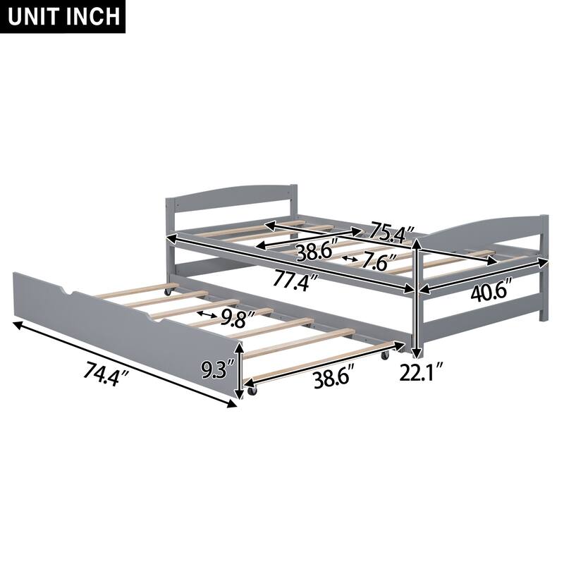 Twin Platform Bed with Twin Trundle - Sturdy Pine Wood Frame, Headboard, Footboard, and Space-Saving Design