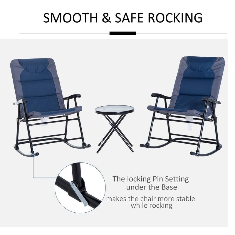 Outsunny 3 Piece Outdoor Patio Furniture Set with Glass Coffee Table & 2 Folding Padded Rocking Chairs