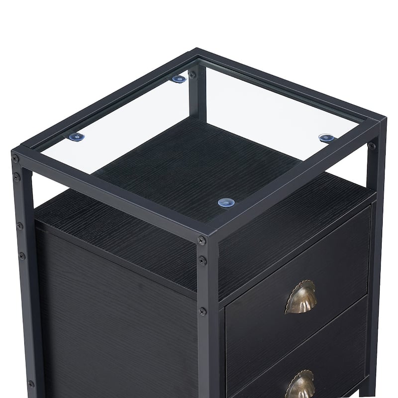 Javlergo Tempered Glass Top Nightstand with 2-Drawer and Open Shelf