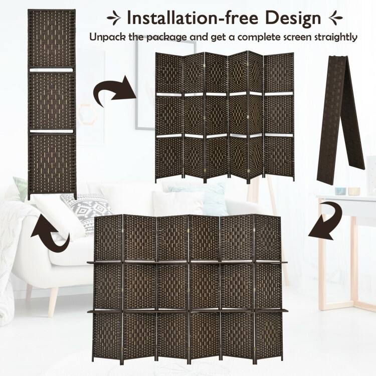 6 Panel Folding Weave Fiber Multipurpose Room Divider with 2 Display Shelves - 95" x 71" (L x H)