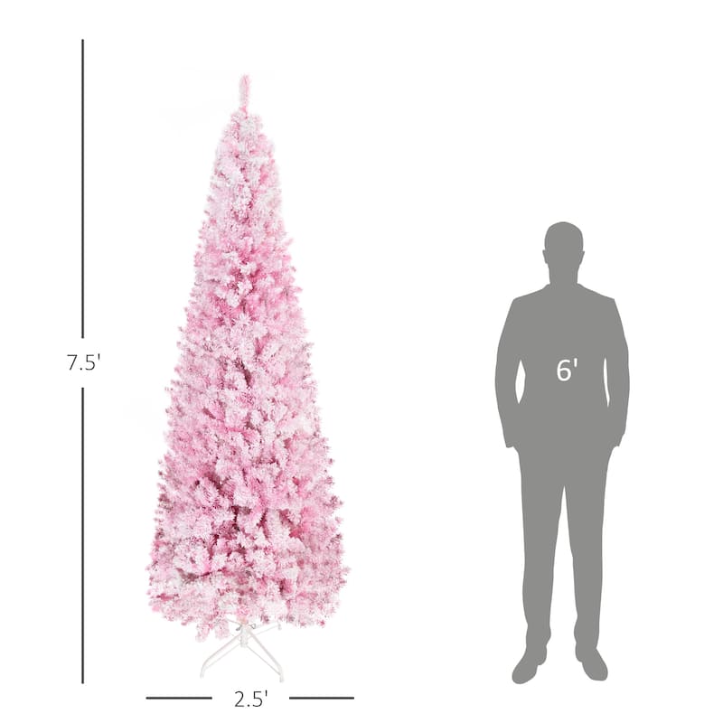 HOMCOM Unlit Snow Flocked Slim Pencil Tree - Pine Shape, Realistic Branches, Pink