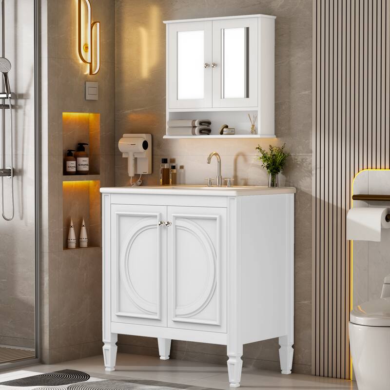 30" Bathroom Vanity with Matching Mirror Medicine Cabinet Combo Set, Modern Bathroom Storage Cabinet with Ceramic Sink