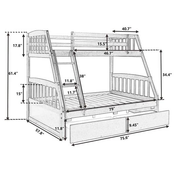 Modern Twin-Over-Full Bunk Bed Solid Wood Bed with 2 Storage Drawers ...