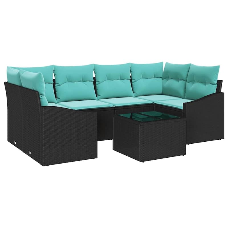 vidaXL 7 Garden Sofa Set with Cushions Black Poly Rattan - 92.1 x 48.6 x 27.2