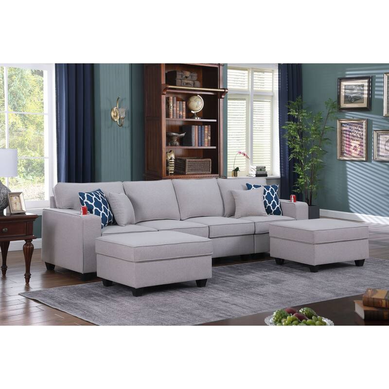 Linen Upholstered 4-Seater Sofa with 2 Ottomans in in Light Gray - Light Gray/Brown