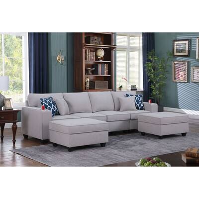 Linen Upholstered 4-Seater Sofa with 2 Ottomans in in Light Gray