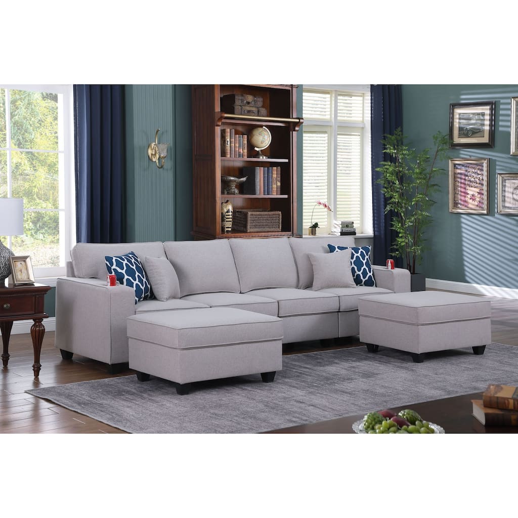 Linen Upholstered 4-Seater Sofa with 2 Ottomans in in Light Gray