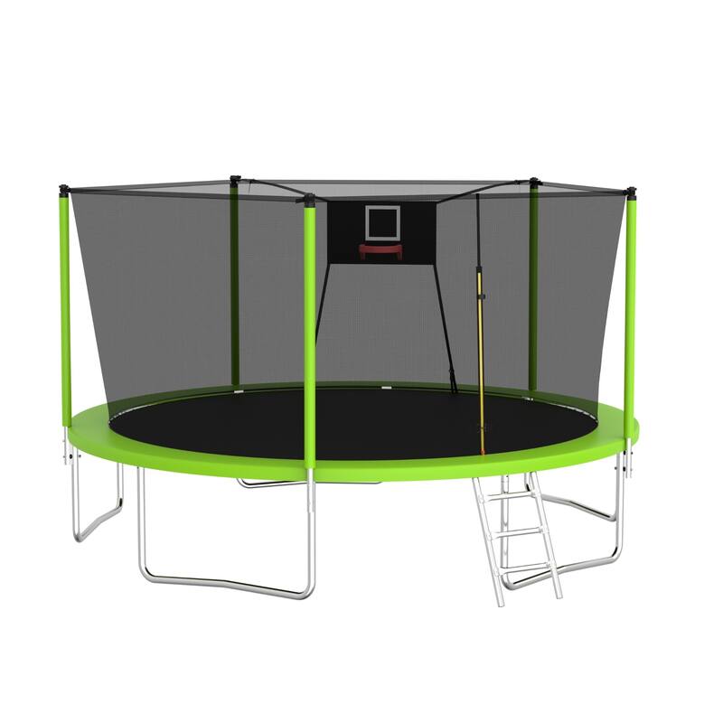 14FT Outdoor Trampoline with Safety Net and Ladder, Heavy Duty Fitness Trampoline for Kids and Adults - Green - 14FT