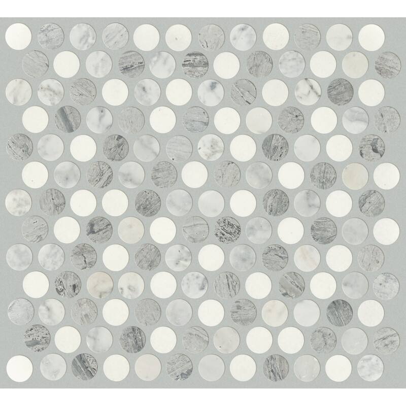 Shaw Chateau Penny Round Mosaic - 11-5/16" x 12" Circle Penny Mosaic - Bianco Carrara / Blue Grigio / Thassos White
