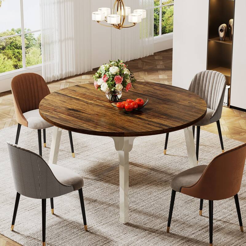 47 Inch Round Dining Table for 4, Farmhouse Kitchen Table - Brown and White