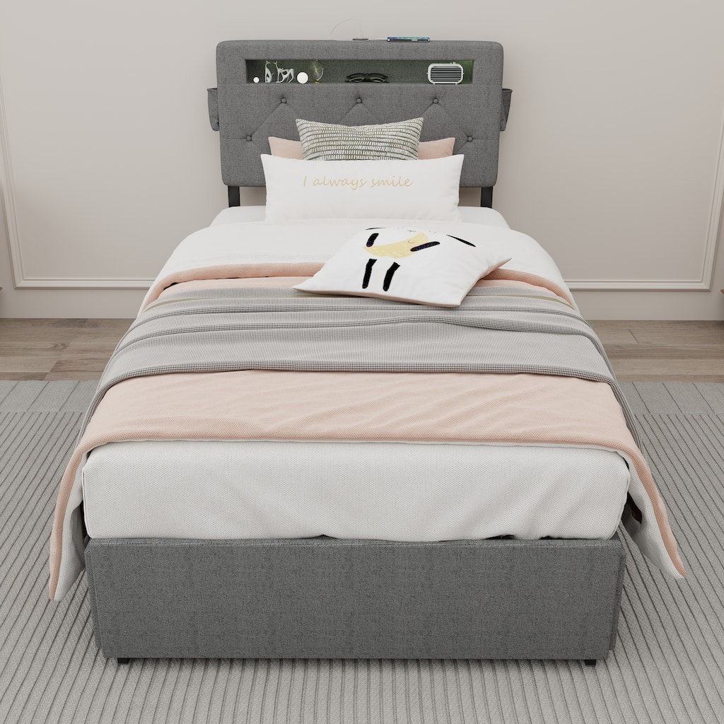 Dark Grey Twin Size Platform Bed with 4 Storage Drawers,USB Charging Station and LED Lights