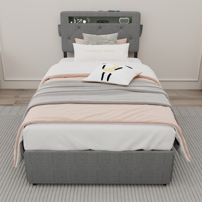 Twin Size Platform Bed with Storage, USB Station, and LED