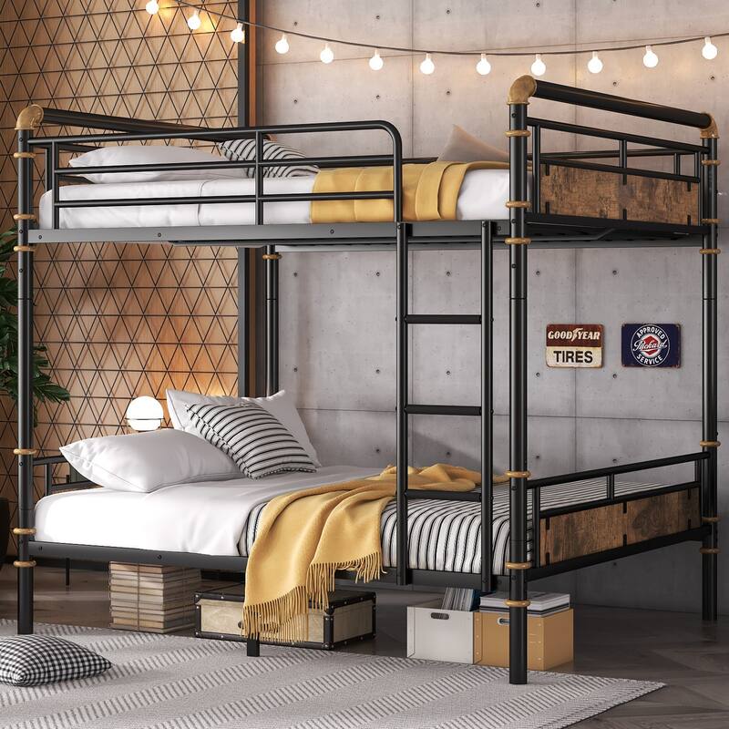 Full over Full Metal Bunk Bed, Industrial Detachable Bunkbeds with Safety Guard Rails for Teens - Black